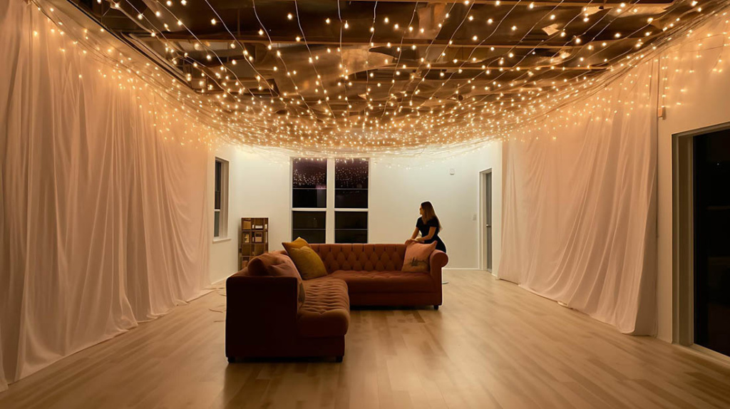 Созвездие на потолке детской с помощью гирлянд