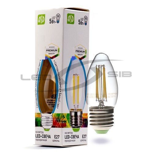Лампа сд LED-СВЕЧА-PREMIUM 5.0W 230V Е27 450Lm прозрачная ASD
