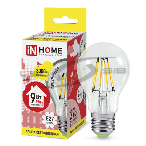 Лампа сд LED-A60-deco 9W 230V Е27 810Lm прозрачная IN HOME