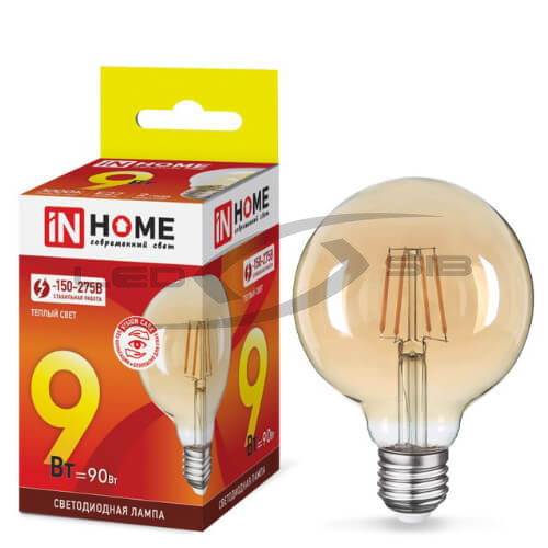 лампа сд led-gl95-deco 9w 230v е27 3000к 810lm золотистая in home Лампа сд LED-GL95-deco 9W 230V Е27 3000К 810Lm золотистая IN HOME